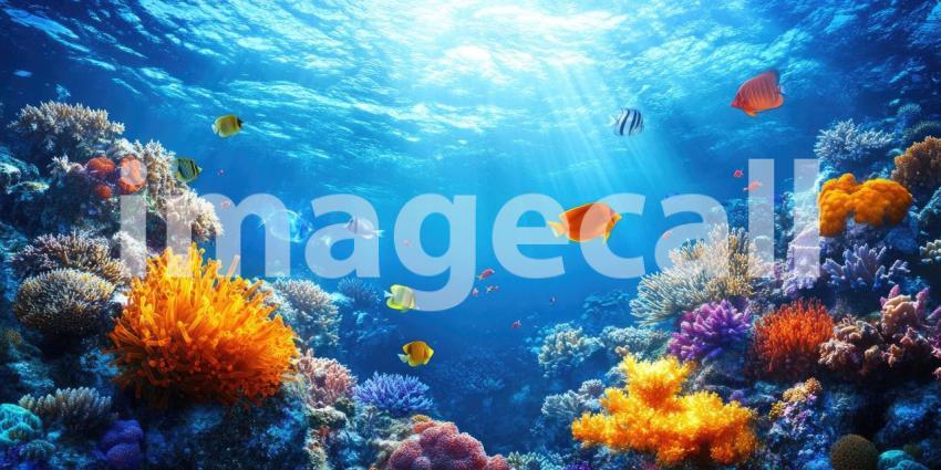 Deep Underwater Scene with Glowing Fish and Corals, Bioluminescent Marine Life, Ocean Glow Background