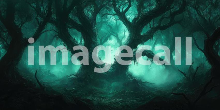 Emerald Veil: Dense Fog Woven Through a Shadowed Forest