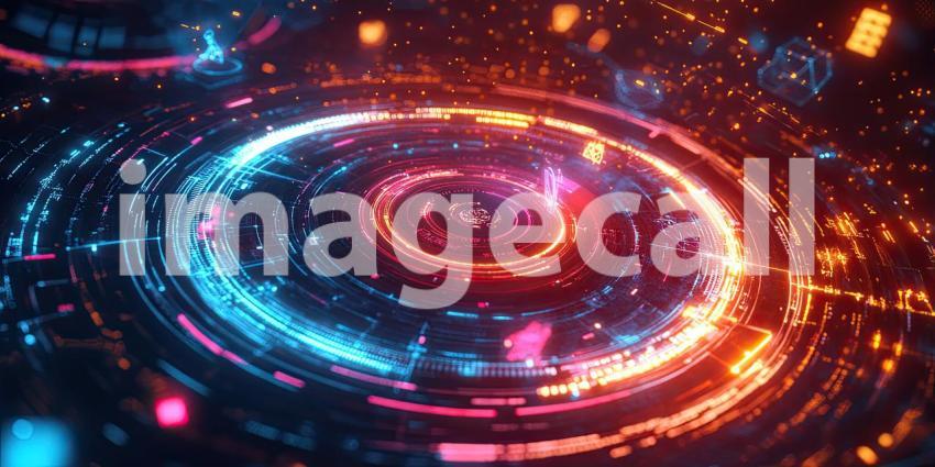 Digital Holographic Interface with Glowing Icons, Futuristic Tech UI, Interactive Hologram Design Background