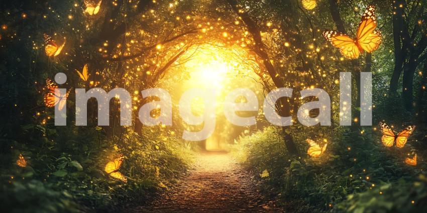 Through Whispering Trees and Golden Light, a Path Unfolds to a Realm of Magic and Wonder