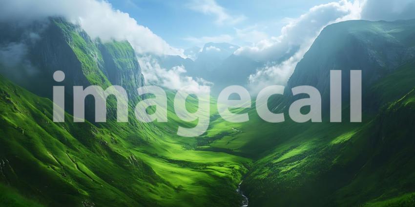 Emerald Valleys Carved by Ancient Streams Reach Towards a Sky Where Clouds Dance in Sunlight's Embrace