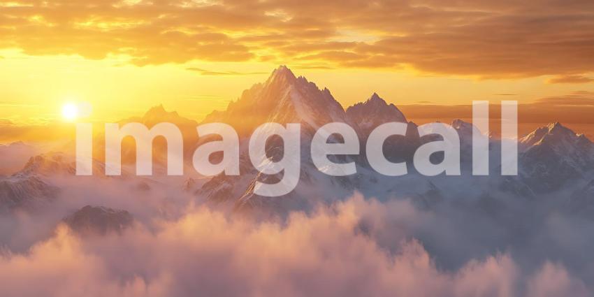 Suns Golden Embrace Paints Mountain Peaks Emerging from a Sea of Clouds in a Majestic Dawn