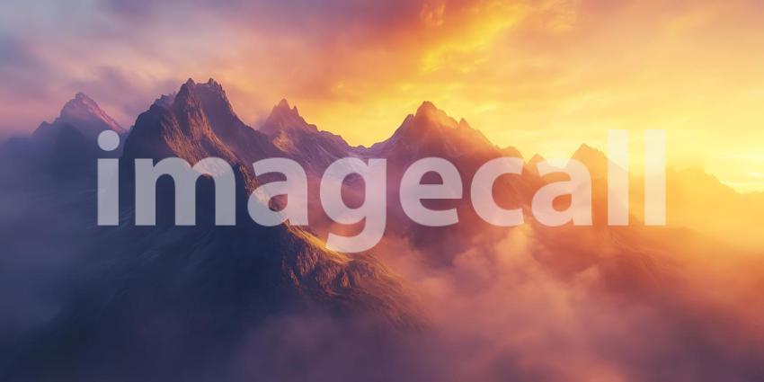 Suns Golden Embrace Paints Mountain Peaks Emerging from a Sea of Clouds in a Majestic Dawn