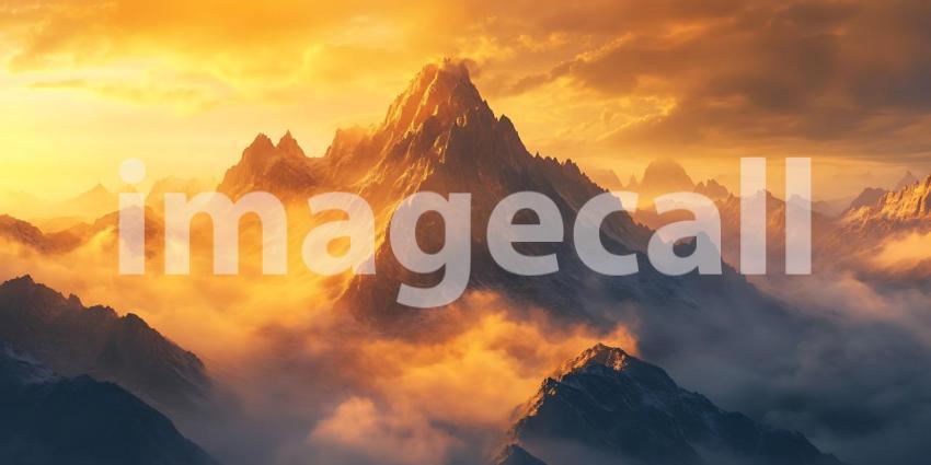 Suns Golden Embrace Paints Mountain Peaks Emerging from a Sea of Clouds in a Majestic Dawn