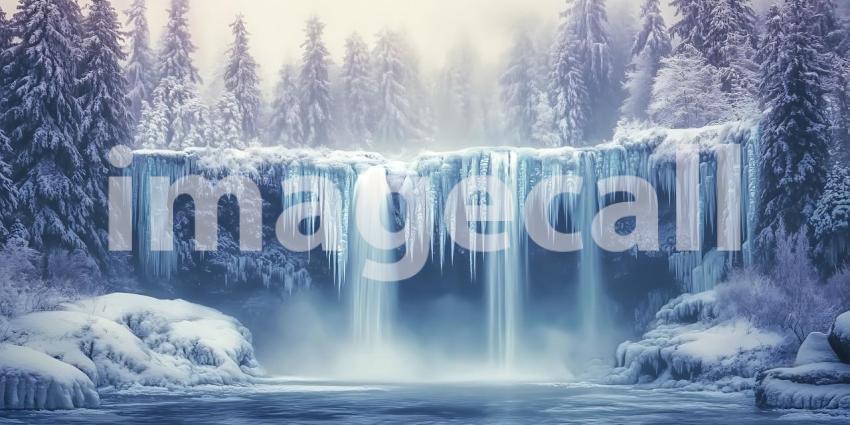 Frozen Water Cascades Over Icy Cliffs into a Crystal Pool Where Winter's Stillness Reigns Supreme