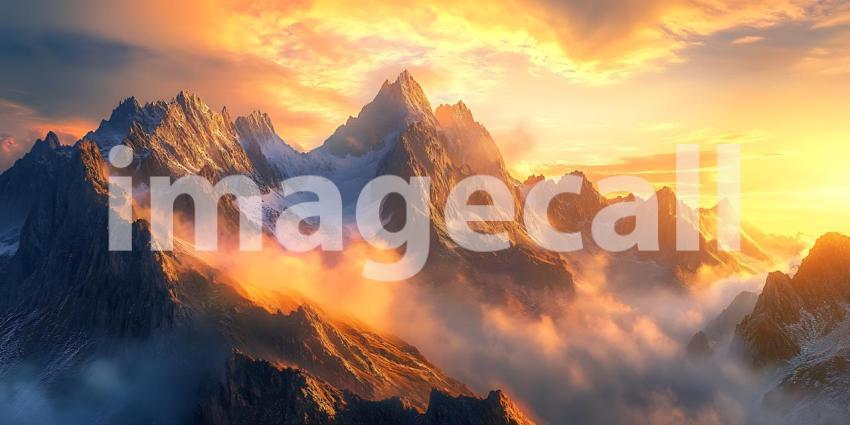 Suns Golden Embrace Paints Mountain Peaks Emerging from a Sea of Clouds in a Majestic Dawn