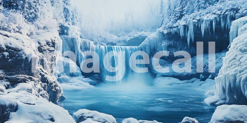 Frozen Water Cascades Over Icy Cliffs into a Crystal Pool Where Winter's Stillness Reigns Supreme