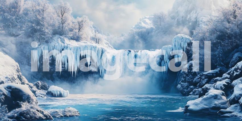 Frozen Water Cascades Over Icy Cliffs into a Crystal Pool Where Winter's Stillness Reigns Supreme