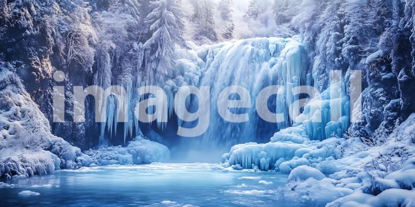 Frozen Water Cascades Over Icy Cliffs into a Crystal Pool Where Winter's Stillness Reigns Supreme