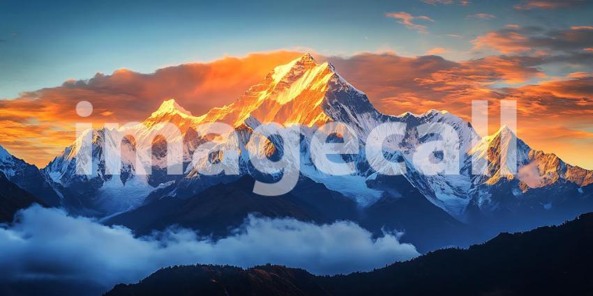 Suns Golden Embrace Paints Mountain Peaks Emerging from a Sea of Clouds in a Majestic Dawn