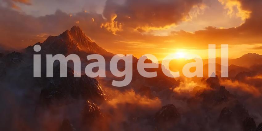 Suns Golden Embrace Paints Mountain Peaks Emerging from a Sea of Clouds in a Majestic Dawn