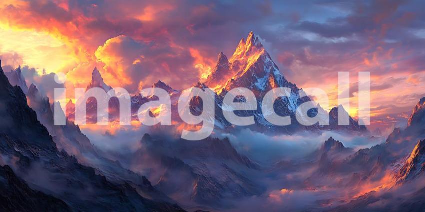 Suns Golden Embrace Paints Mountain Peaks Emerging from a Sea of Clouds in a Majestic Dawn