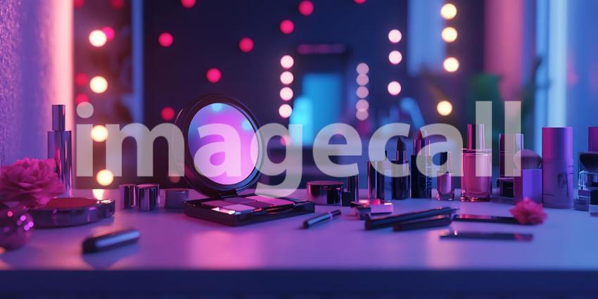 A Collection of Cosmetics Illuminated by Neon Lights Promises Transformation and the Art of Beauty