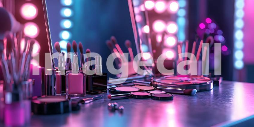 A Collection of Cosmetics Illuminated by Neon Lights Promises Transformation and the Art of Beauty