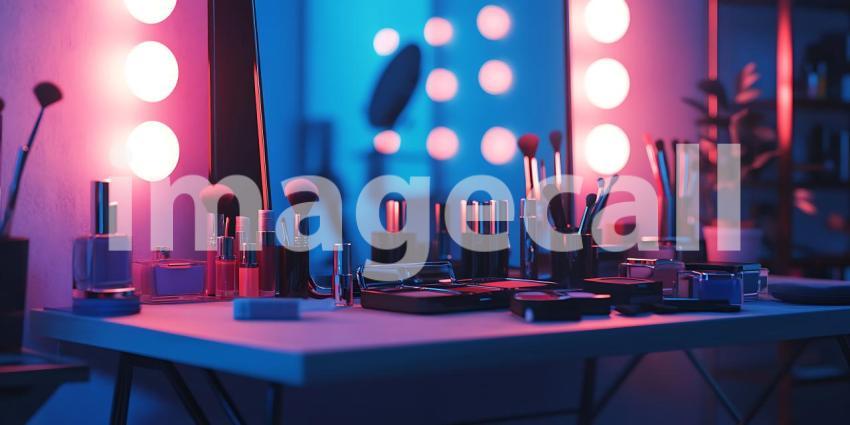 A Collection of Cosmetics Illuminated by Neon Lights Promises Transformation and the Art of Beauty