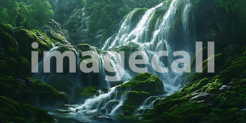 Water Veils Grace Lush Green Rocks in a Tropical Paradise Where Natures Symphony Gently Plays