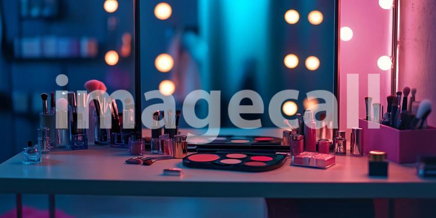 A Collection of Cosmetics Illuminated by Neon Lights Promises Transformation and the Art of Beauty