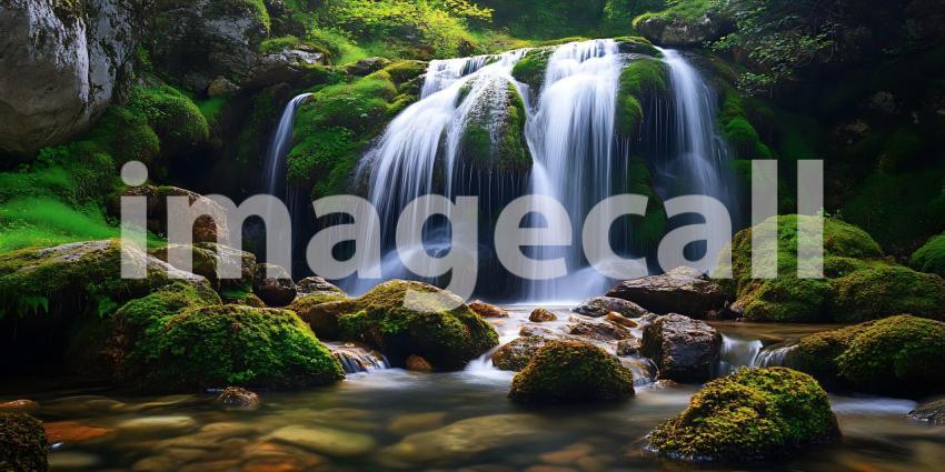 Water Veils Grace Lush Green Rocks in a Tropical Paradise Where Natures Symphony Gently Plays