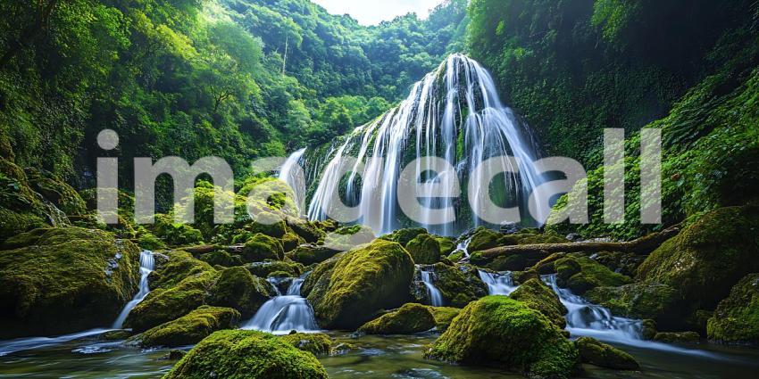 Water Veils Grace Lush Green Rocks in a Tropical Paradise Where Natures Symphony Gently Plays