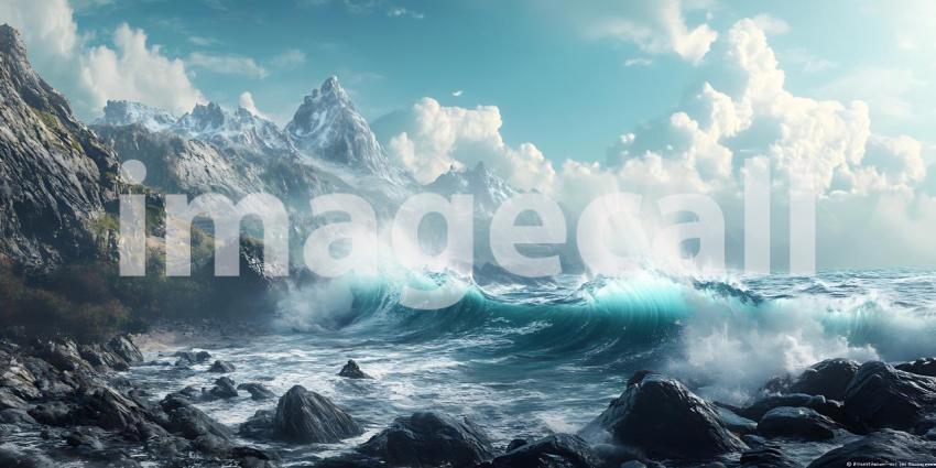 Majestic Waves Crash Against Rocky Shores a Symphony of Power and Untamed Beauty Unfolding