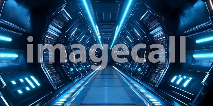 Within a Corridor of Electric Blue Light the Future Beckons with Promises of Technological Frontiers