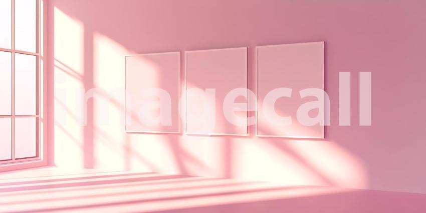Soft Light Washes Over a Minimalist Room Where Empty Frames Wait on Walls of Pale Pink.