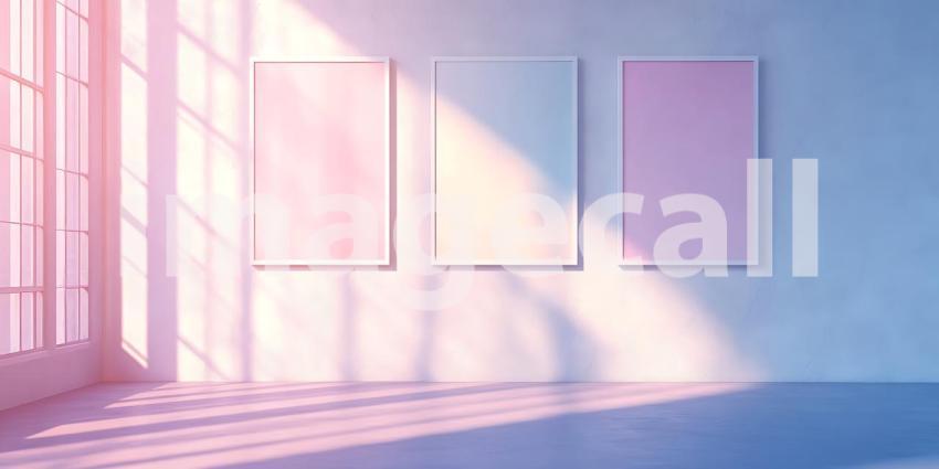 Soft Light Washes Over a Minimalist Room Where Empty Frames Wait on Walls of Pale Pink.