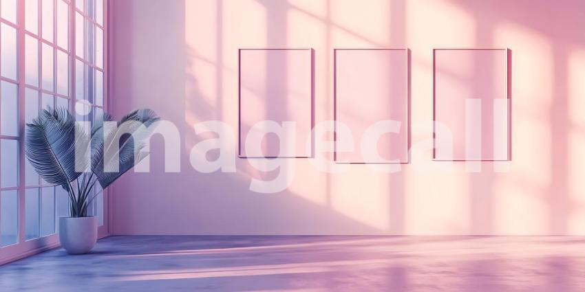 Soft Light Washes Over a Minimalist Room Where Empty Frames Wait on Walls of Pale Pink.
