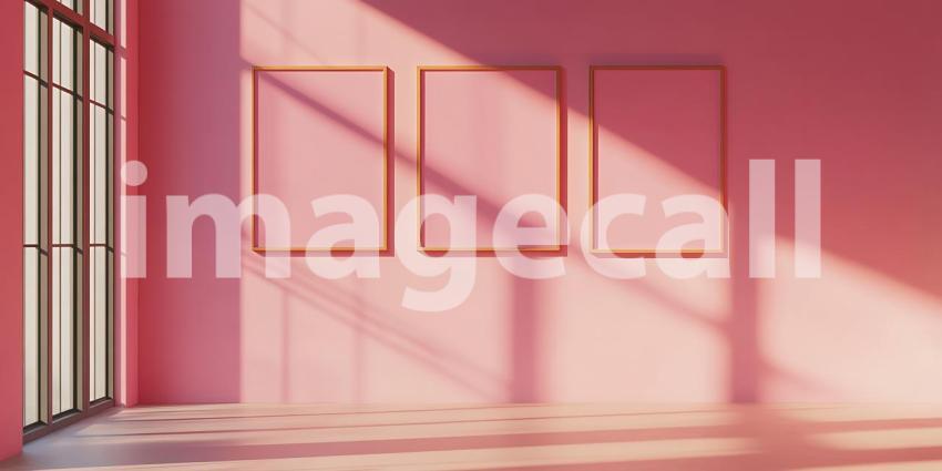Soft Light Washes Over a Minimalist Room Where Empty Frames Wait on Walls of Pale Pink.