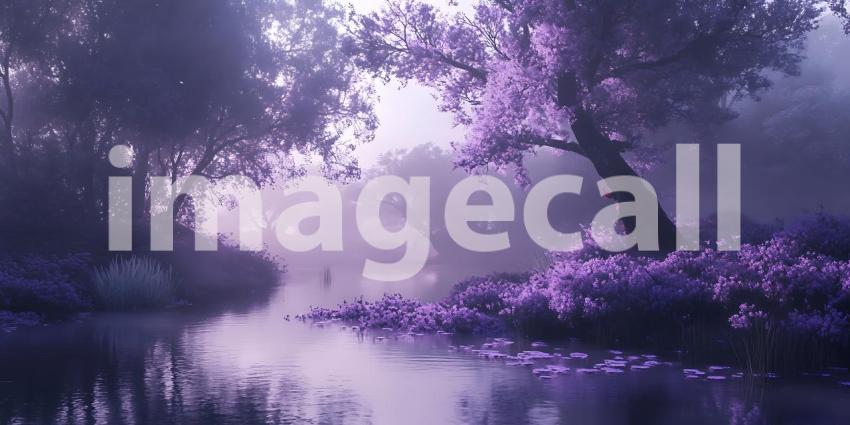 Purple Mist and Tranquil River: A Serene Nature Scene