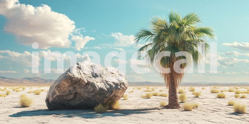 Desert Oasis Palm Tree and Rock Formation in Arid Landscape  Stu