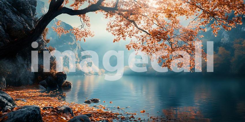 Autumn Lake Scene Digital Painting of Tranquil Nature Fall Folia