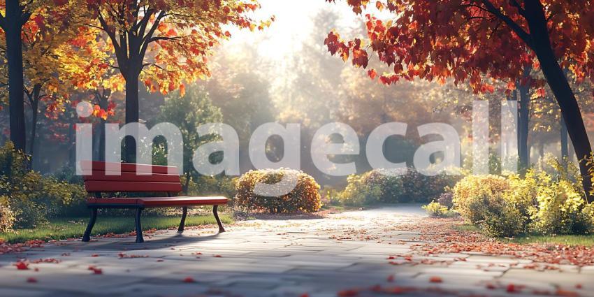 Autumn Park Bench Serene Fall Landscape Sunlit Path Vibrant Foli
