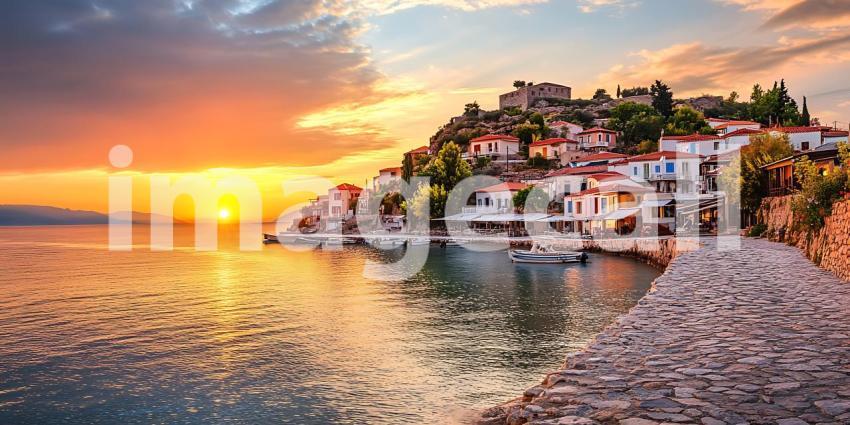 Mediterranean Coastal Town Sunset Picturesque Village Seascape