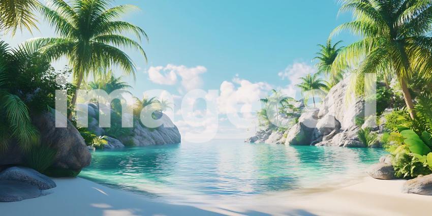 Tropical Paradise Stunning Beach Scene Crystal Clear Water Lush