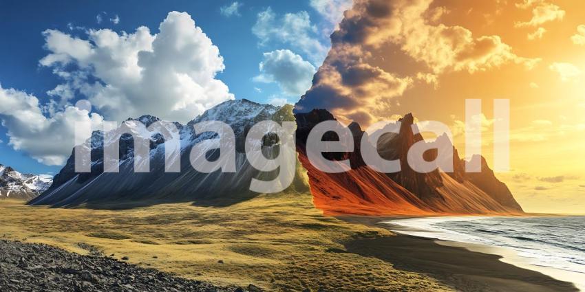 Majestic Mountain Range Dramatic Split Sky Ice and Fire