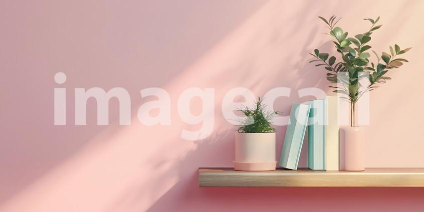 A Simple Shelf Holds Stories and Greenery Against a Softly Lit Pink Wall