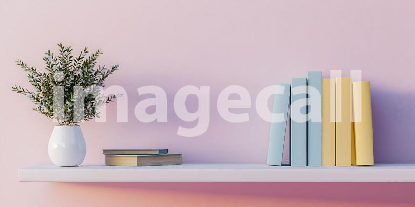 A Simple Shelf Holds Stories and Greenery Against a Softly Lit Pink Wall