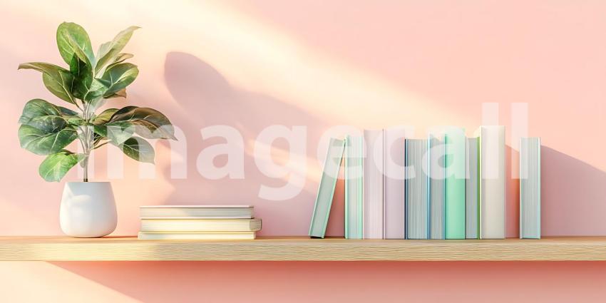 A Simple Shelf Holds Stories and Greenery Against a Softly Lit Pink Wall