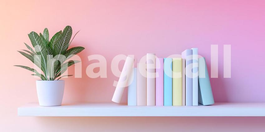 A Simple Shelf Holds Stories and Greenery Against a Softly Lit Pink Wall