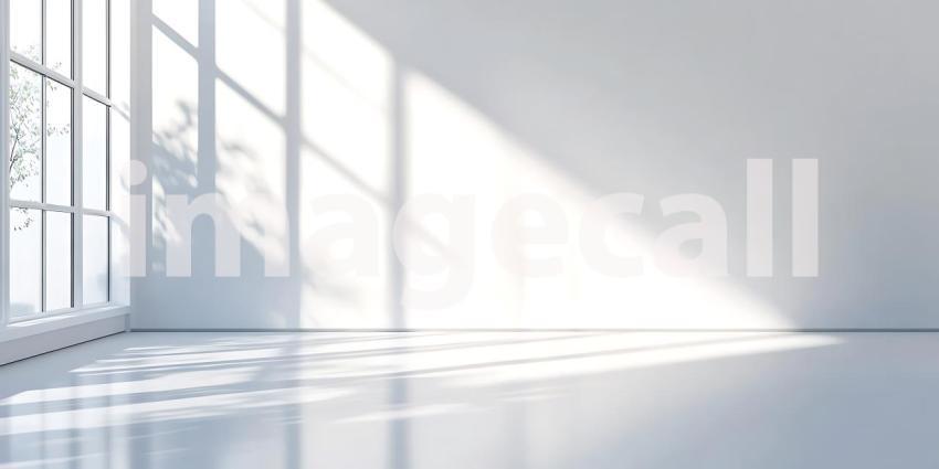 Sunlight Streams into an Empty White Room Creating a Minimalist Study of Light and Shadow