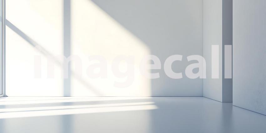 Sunlight Creates Abstract Patterns on a Minimalist White Stage with a Small Plant