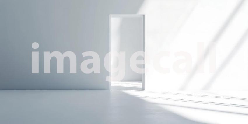 Sunlight Creates Abstract Patterns on a Minimalist White Stage with a Small Plant