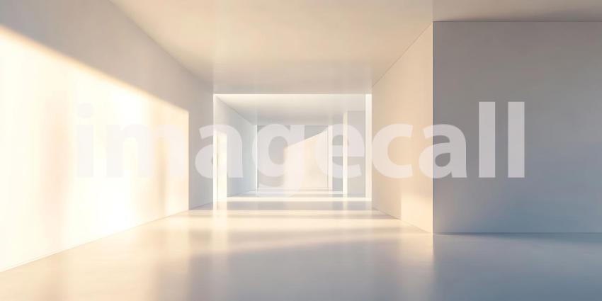 Sunlight Creates Abstract Patterns on a Minimalist White Stage with a Small Plant