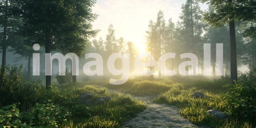 Sunlit Forest Path: Misty Morning in the Woods