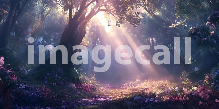 Magical Forest Scene: Sunbeams Through Ancient Trees