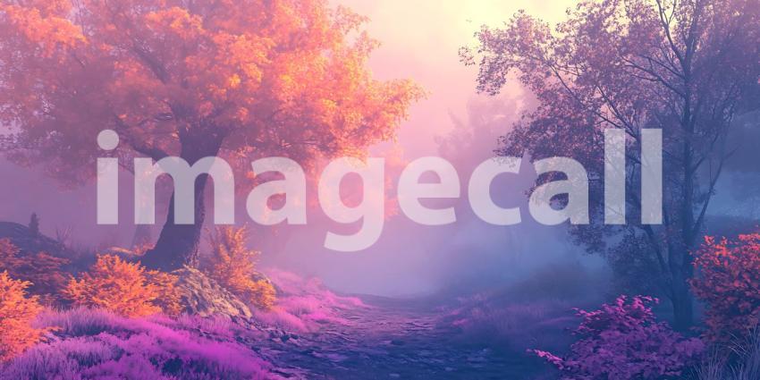 Magical Misty Forest: Dreamy Purple and Orange Landscape