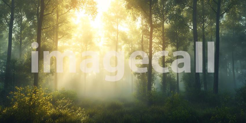 Sun Rays in Misty Forest: Peaceful Nature Scene