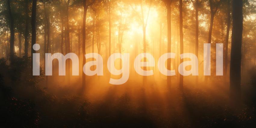 Golden Sunrise Beams Through a Misty Forest