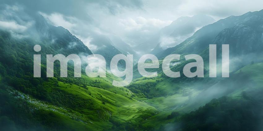 Misty Mountain Landscape: A Breathtaking View of Lush Green Hill